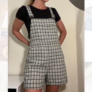 thrifted green plaid overalls